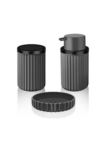 Lines Serisi Gri Banyo Seti, 3 Parça Oval Akrilik Sabunluk Fırçalık ve Sıvı Sabunluk Takımı - 3319