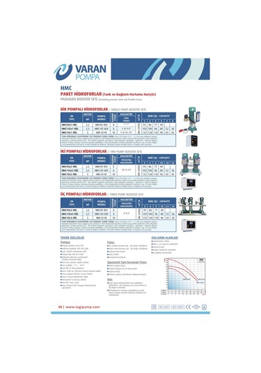 Varan Hmc10x2 Hıd Paslanmaz Çift Pompalı Hidrofor 5 HP / 3.75 kW Trifaze 380 V, 116 Mss, 16 M3/h