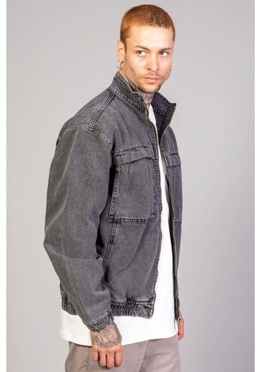 Oversize Erkek Siyah Kar Yıkama Modelli Fermuarlı Bomber Kot ... Füme