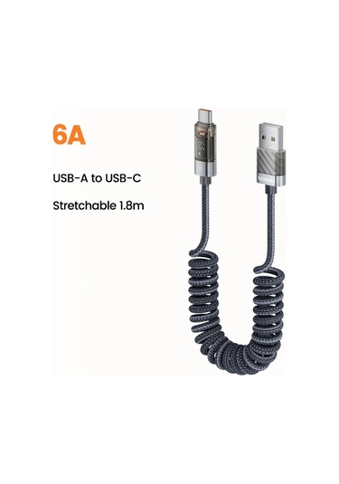 Xuweiwei Grey Usb-a To Type-c 1.8m 5.9ft Toocki Spring Kablosu 100w 6a Dijital Ekranlı Şarj Ve Veri Aktarım Kablosu