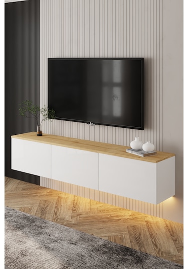 Neon Işıklı Duvara Monte Tv Ünitesi Beyaz - Safir Meşe