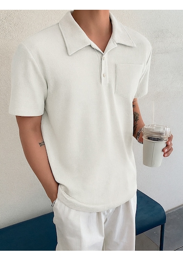 Genius Store Erkek Oversize Polo Yaka Waffle T-shirt Poloyaka-düğmeli Beyaz