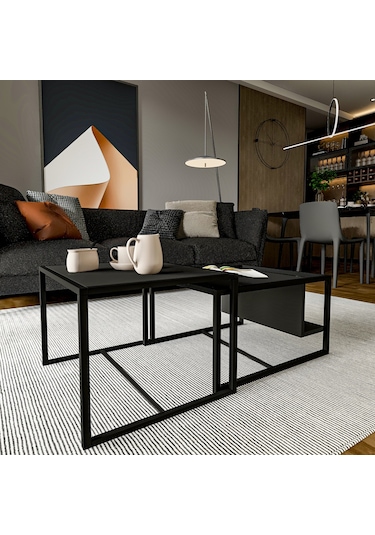 Batı 2 Li Modern Orta Sehpa Takımı Metal Ayaklı, Alt Raflı Antrasit
