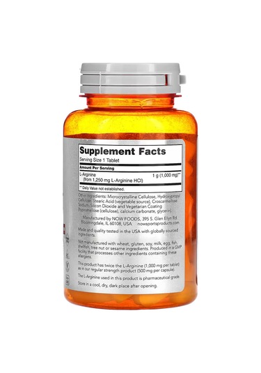 Now Foods Double Strenght L-arginine Nitric Oxide Amino Acids 1,000 Mg 60 Tablet Aromasız