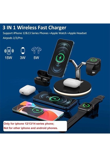 Wezone Watch, İphone Uyumlu 15 14 13 12 İçin 3 Lü Kablosuz Şarj İstasyonu - Siyah