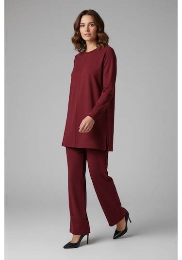 Kadın Tunik Önü Dikişli Altı Bantlı Pantolonun Beli Lastikli Önü Dikişli İkili Takım Bordo