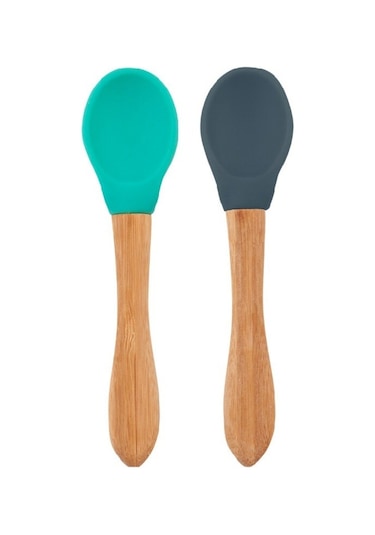 Oioi Silikon Mama Kaşığı 2'Li Bambu Saplı Aqua Green/Deep Blue Mavi - Yeşil