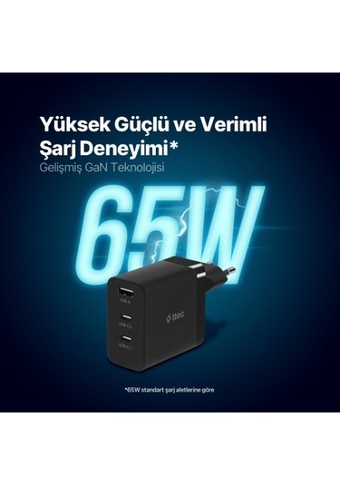 Ttec 2SCG03S Smartcharger Trio Gan 65W PD Usb-C + Usb-A Hızlı Şarj Aleti Siyah
