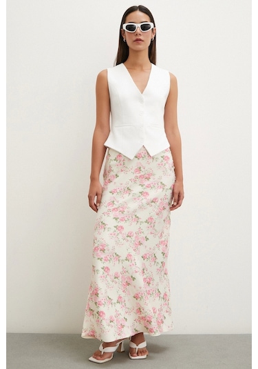 Never More Çiçek Desenli Saten Etek Lila