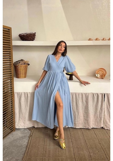 Bebe Mavi Müslin Uzun Elbise Bebe Mavi