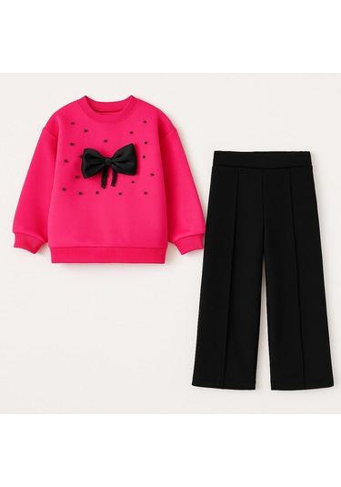 Kız Çocuk Siyah 2 Li Takım Kırmızı Organze Gül Detaylı Sweatshirt & Rahat Eşofman Takım Çingene Pembe Kız Çocuk Siyah 2 Li Takım Kırmızı Organze Gül Detaylı Sweatshirt & Rahat Eşofman Takım Çingene Pembe