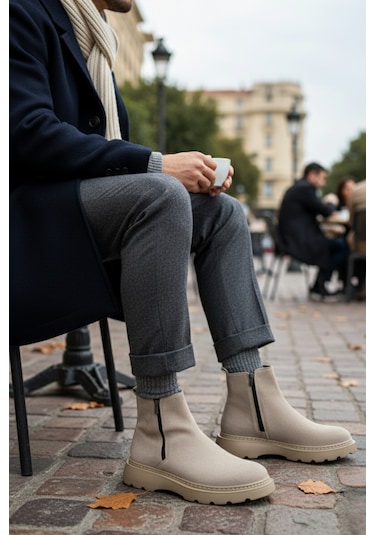 Muggo Chelsea Hakiki Deri Çift Fermuarlı Garantili Erkek Kışlık Bot Kum