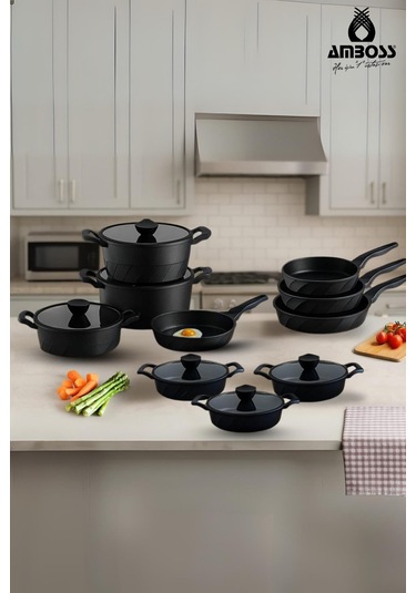 Vento 16 Parça Döküm Tencere Tava Sahan Seti Siyah Siyah