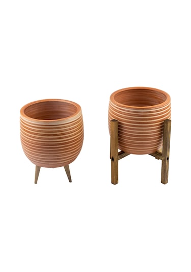 Bitki Tasarımı Ev Dekorasyon Yan Çizgi Desenli Toprak Saksı Saksılık Salon Çiçeklik İkili Set 3 Ayaklı- 4 Ayaklı- 19 Cm