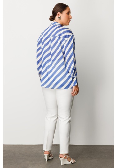 Moda İlgi Kadın Büyük Beden Verevli Klasik Saten Gömlek 0002 Saks Saks