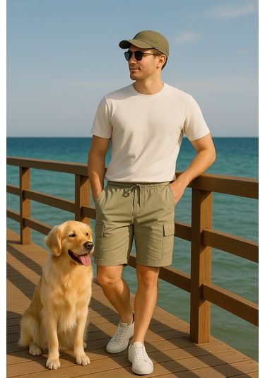 Küf Yeşili Kargo Cepli Paraşüt Kumaş Erkek Şort-1806 Küf Yeşili