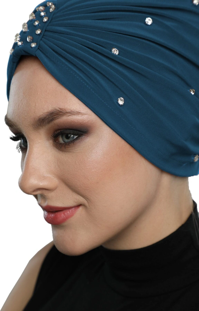 Zeni Taşlı Astarlı El İşi Işlemeli Petrol Hazır Türban Tesettür Abiye Bone Petrol