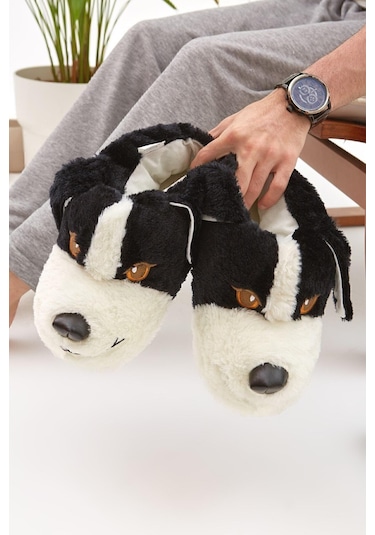 Siyah Hayvanlı Sessiz Taban Panduf Sevimli Köpek Figürlü Peluş Ev Ayakkabısı Siyah