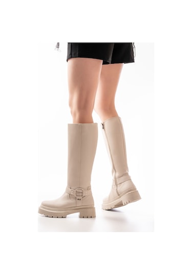 236-3021 Bej Fermuarlı Günlük Kadın Çizme Bej