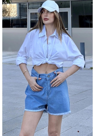 WeShaya Kadın Mavi Püsküllü Paça, Yüksek Bel, Rahat Denim-kot Şort Açık Mavi
