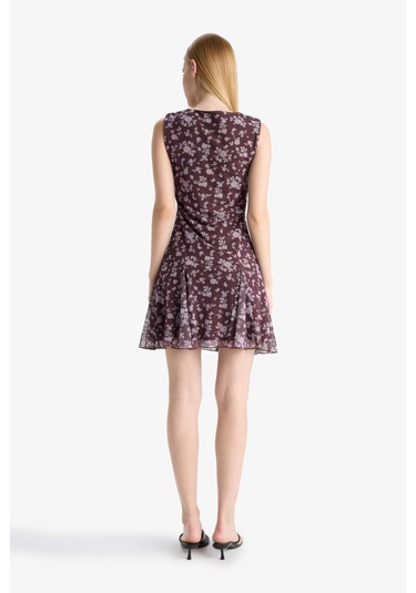 Defacto Coool Bisiklet Yaka Desenli Tül Kolsuz Mini Elbise F0415ax25wnbr232 Bordo