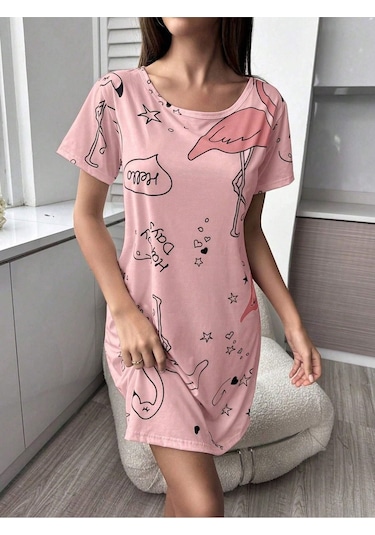 Bella Notte Pembe Baskılı Kısa Kollu Göz Bandı Hediyeli Pijama Takımı