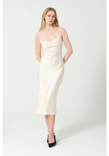 Degaje Döküm Saten Midi Elbise KREm Krem