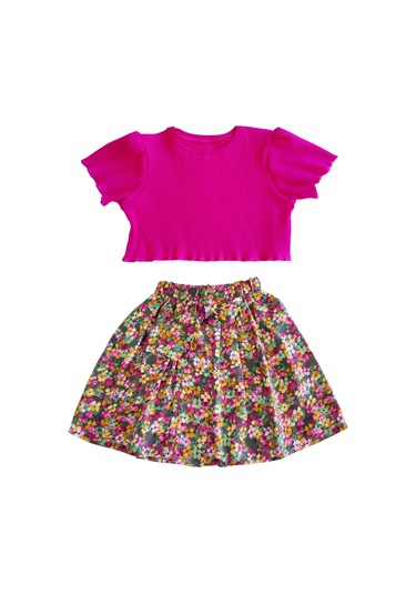 Etekli Crop Takım, Pamuklu Çiçekli Etek - Pamuklu Fuşya Crop Fuşya-çiçekli1 Fuşya