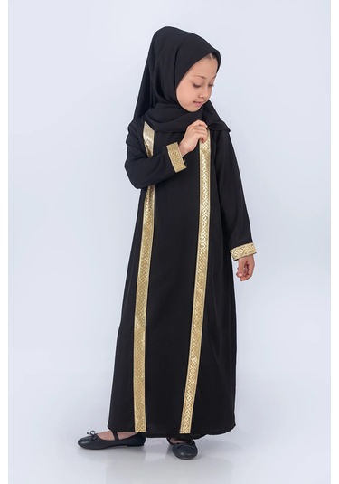 Eşarplı Ferace Medine İpek Kumaş Kız Çocuk Siyah