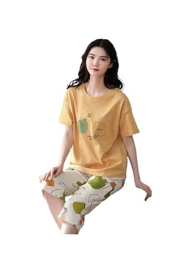 Sarı Salon Pijama O-boyun Uyku Nefes Kızlar Yaz Karikatür Baskı T-shirt Mahsul Pantolon Seti Günlük Giyim Sarı