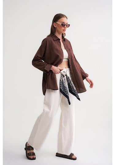 Mixray 4670 Kadın Cepli Oversize Basic Keten Gömlek Kahve