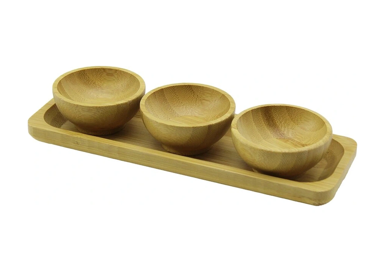 3pcs - Sunum Tepsili Mini - Çap: 6cm Ahşap Bambu Lokumluk - Çerezlik Kase Kahverengi