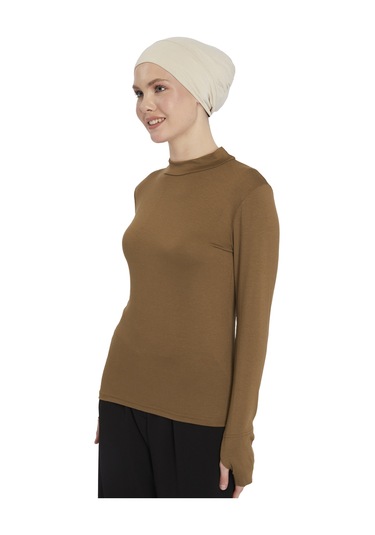 Kadın Organik Parmak Geçmeli Balıkçı Yakalı Body Açık Çikolata