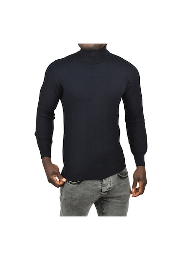 Deepsea Erkek Lacivert Desenli Dar Kesim Tam Balıkçı Yaka Triko Boğazlı Kazak 2505510 Lacivert