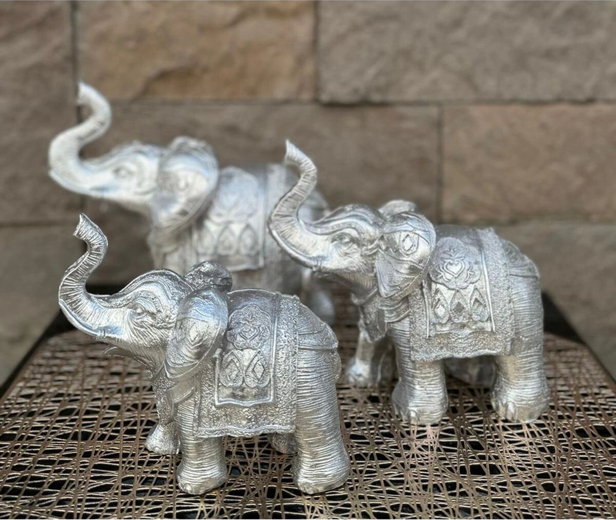 Dekoratif Polyester Üçlü Fil Biblo Gümüş