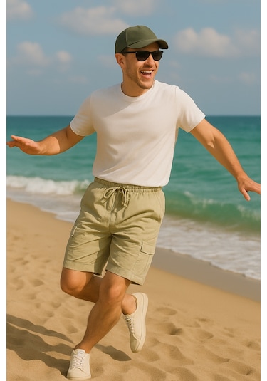 Küf Yeşili Kargo Cepli Paraşüt Kumaş Erkek Şort-1806 Küf Yeşili