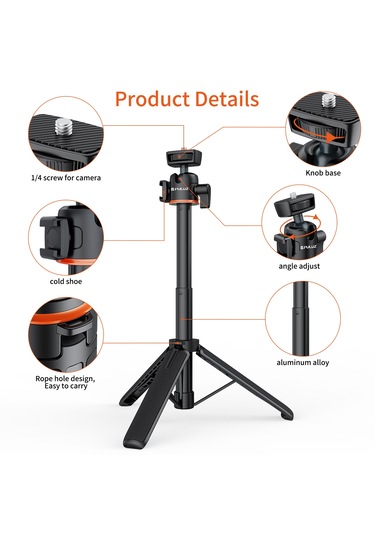 Puluz 360 Derece Top Kafa Soğuk Ayakkabı Selfie Çubuk Tripod