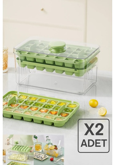 Tilbe Home 2'li Yeni Nesil Basmalı Çift Buz Kalıbı Buzluk Kapaklı Saklama Kutulu 56 Bölmeli Haznel Renkli