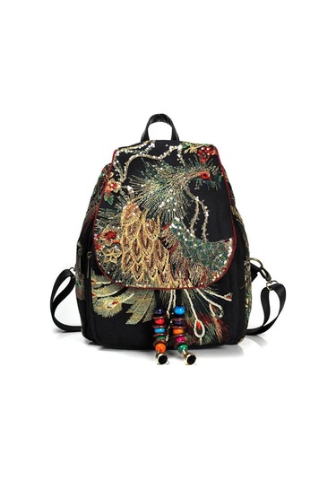 Siyah Vintage Kadın Sırt Çantası Nakış Tavuskuşu Payet Sırt Çantası Ulusal Boho Boncuk Seyahat Okul Çantası Siyah