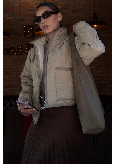 Bej Dik Yaka Kapitone Kadın Mont Mg2568 Bej