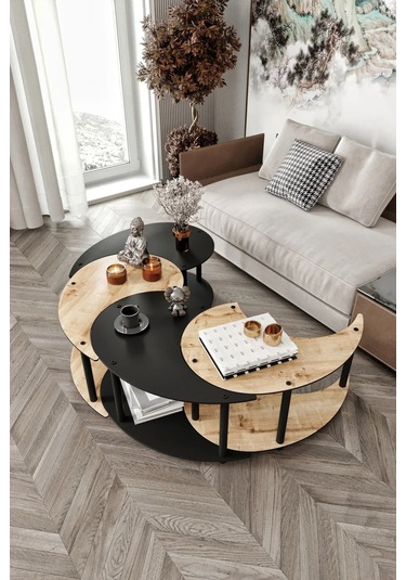 Ravilo Yin Yang 4'lü Orta Sehpa Meşe Siyah 90 Cm Meşe Siyah