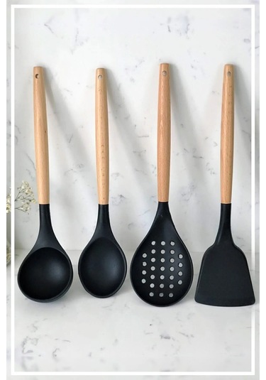 Silikon Bambu Saplı 4 Parça Mutfak Servis Gereçleri Siyah