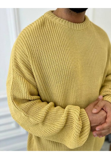 Kazak Oversize Çift Kat Örme Naturel Pamuk Bol Kesim Tüylenmeyen Salaş Triko Kazak Hardal