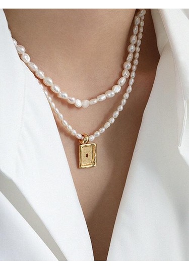 925 Ayar Gümüş Tatlısu Inci Kolye Kolye Kadın Minimalist Geometrik Doku Aksesuarları İçin Kuyumculuk Kolyeler Altın - Beyaz