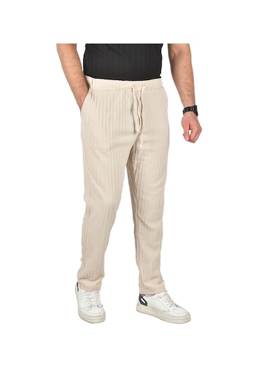 Deepsea Erkek Bej Rahat Kesim Örme Kumaş Beli Lastikli İnce Spor Pantolon 2502216 Bej
