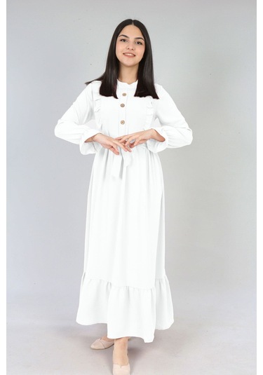 Kiz Cocuk Elbise Aerobin Keten Kumaş Tesettüre Uygun Uzun Boydan Cocuk Elbise Kırık Beyaz