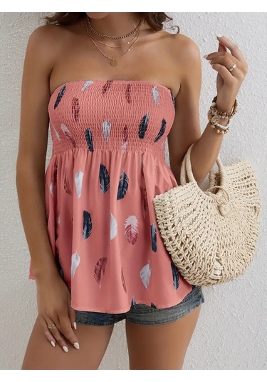 Ge Ticaret Kadın Yaprak Desenli Göğsü Gipeli Mosskrep Straplez Bluz Pembe