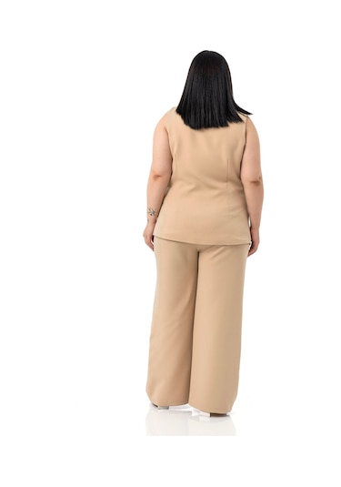 Büyük Beden Kaplama Düğmeli Yelek Pantolon Vizon İkili Takım Vizon