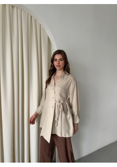 Natural %100 Pamuk Çapraz Düğmeli Beli Kemerli Gömlek Natürel