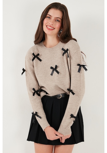 Lela Premium Regular Fit Bisiklet Yaka Fiyonk Detaylı Triko Bayan Kazak 680Kz00155 Vizon